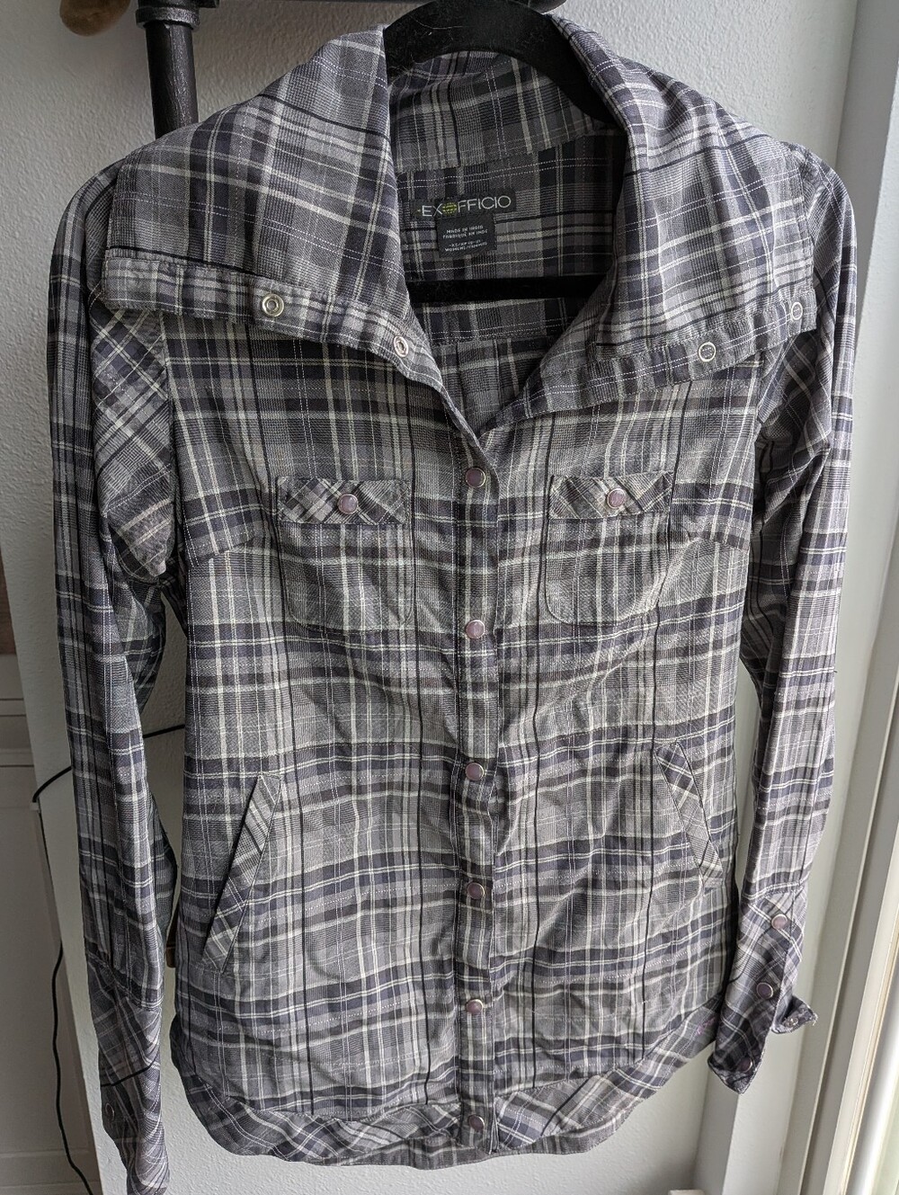 ExOfficio Plaid Long Sleeve Button Down Snap Cowl Neck Top Grey Purple XS